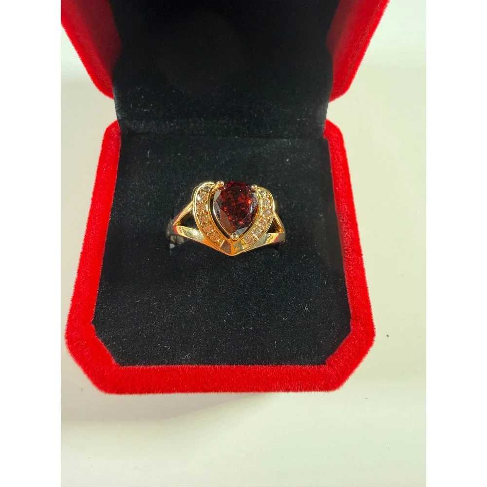 Gold Tone Pear Cut Garnet Red Heart Halo Statement Ring Crystal Accents Size 8.5